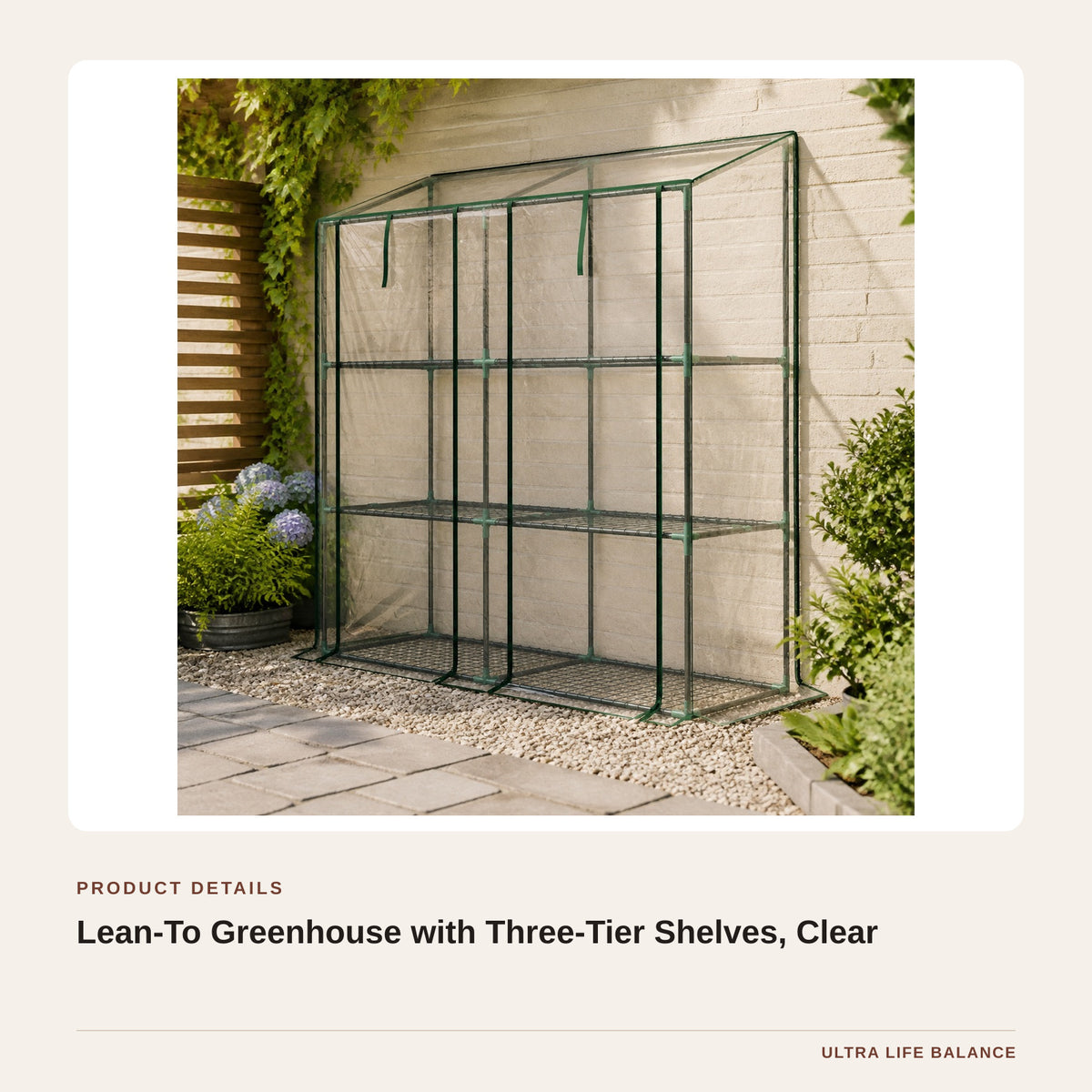Lean-To Greenhouse with Three-Tier Shelves, Clear product detail