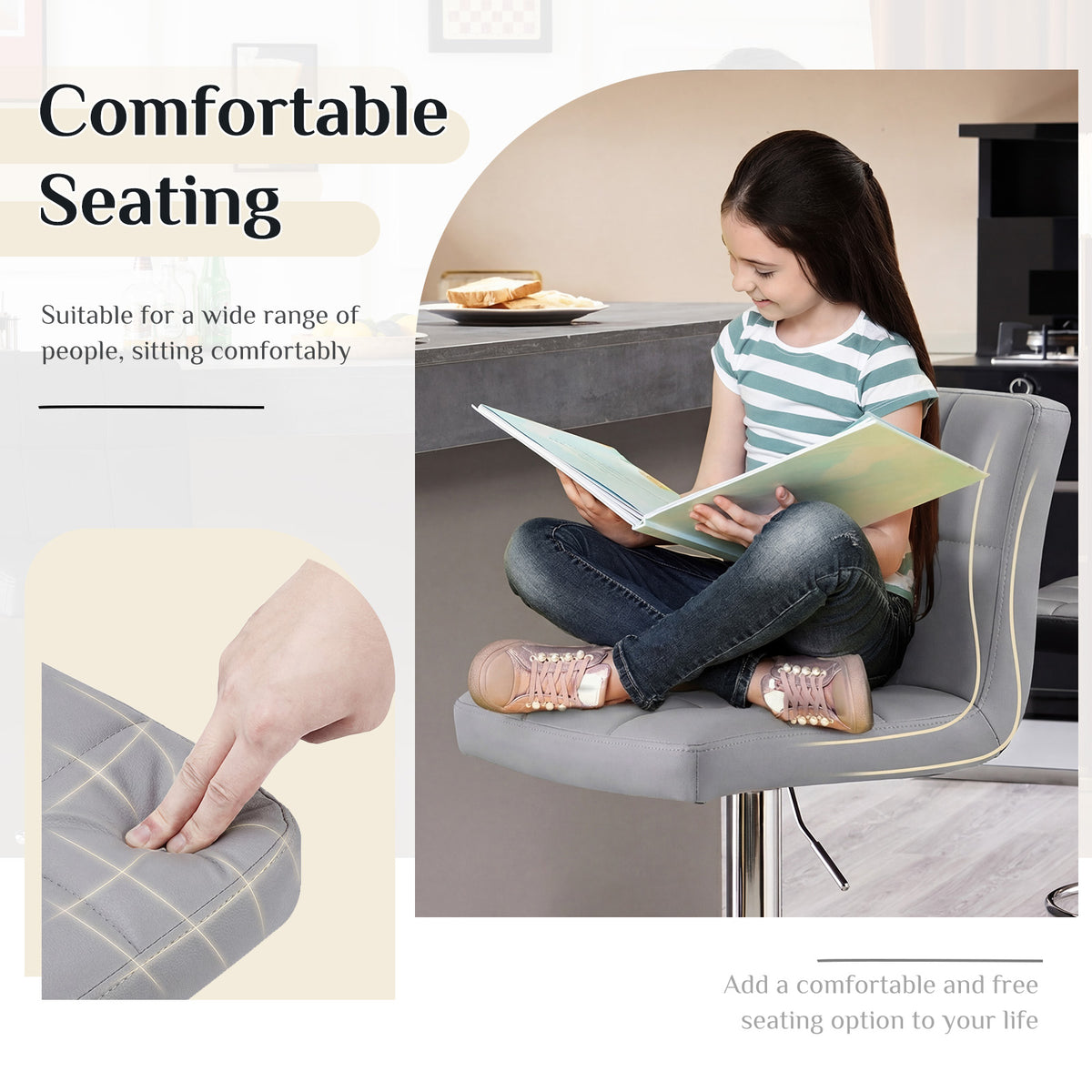 Bar Stools Set Of 2, Counter Height Barstools,Square Seat Cushion Barstool With Back, Height Adjustable PU Leather Swivel Barstool — product image 2