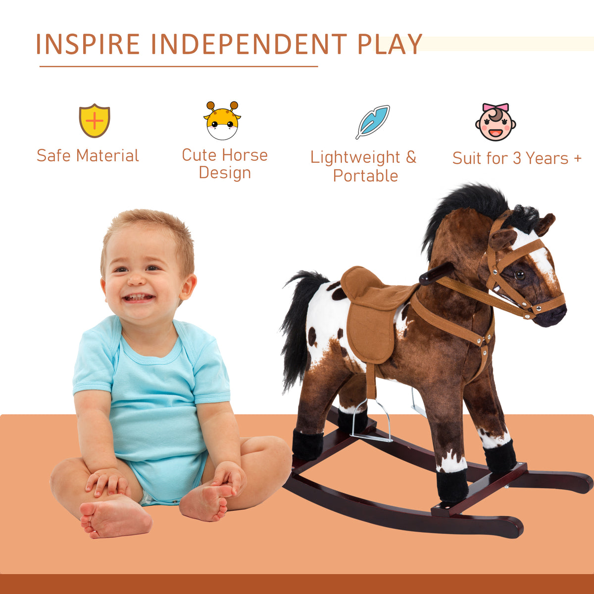 Kids Wooden Plush Ride-On Rocking Horse Chair Toy with Realistic Sounds Dark Brown/White — product image 3