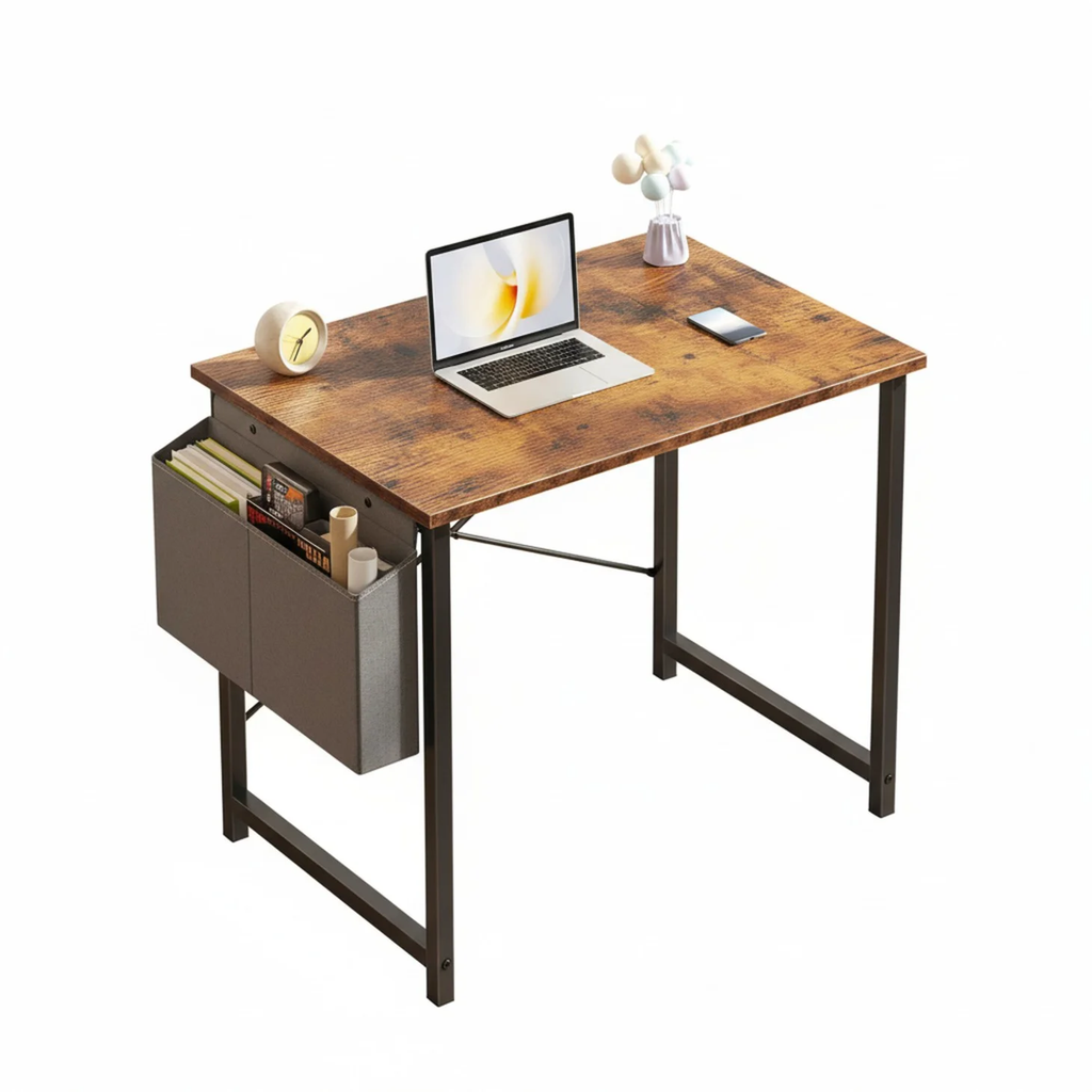 Black compact desk with storage bag and hook — view 2