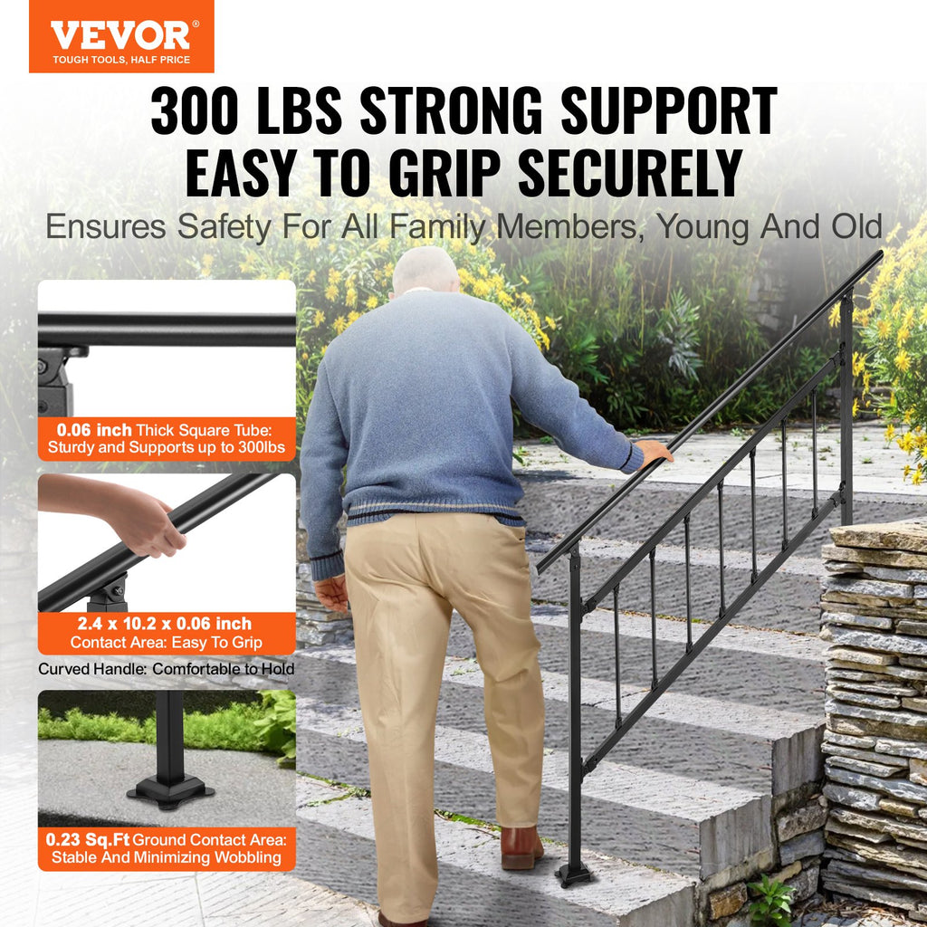 VEVOR Outdoor Stair Railing, Fits For 1-5 Steps Transitional Wrought Iron Handrail, Adjustable Exterior Stair Railing With Fence, Handrails For Concrete Steps With Installation Kit, Matte Black — product image 3
