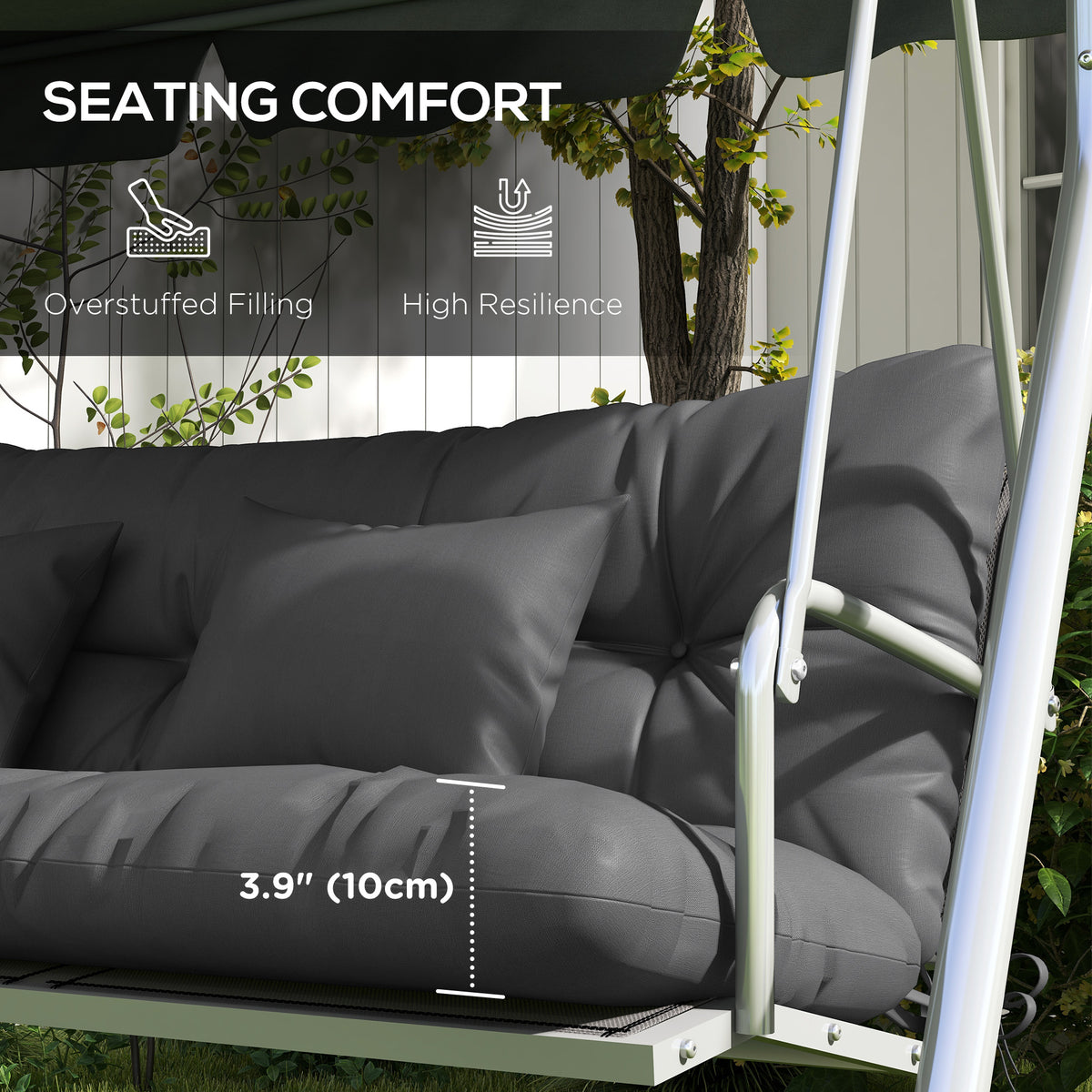 Charcoal outdoor swing cushions showing overstuffed filling, resilience, and 3.9-inch seat thickness