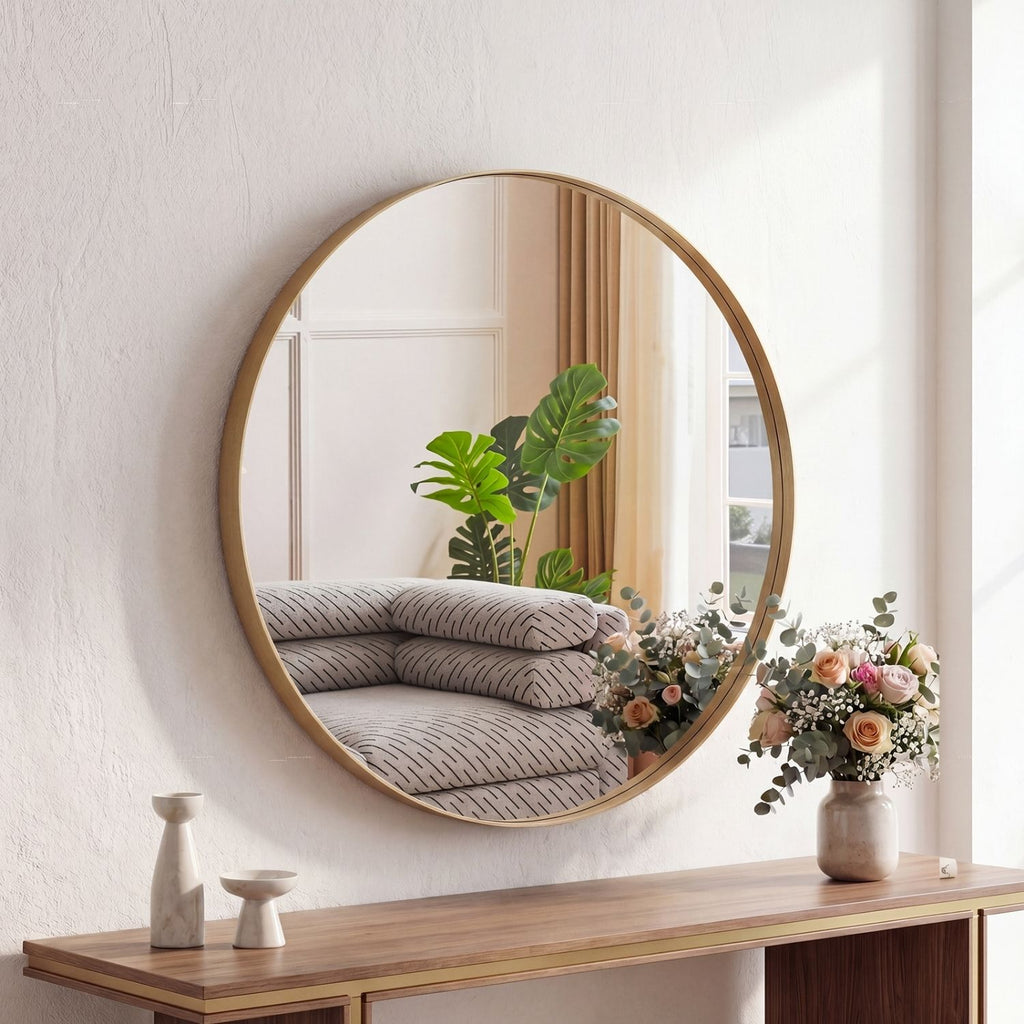 Gold round wall mirror in a styled bathroom setting
