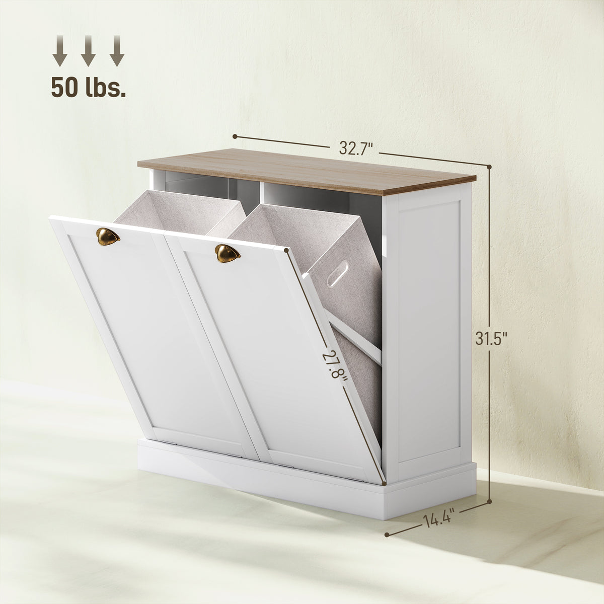 Laundry hamper cabinet with both tilt-out doors open