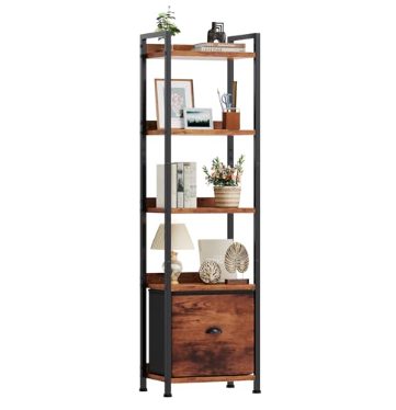 Brown five-tier bookcase with fabric drawer