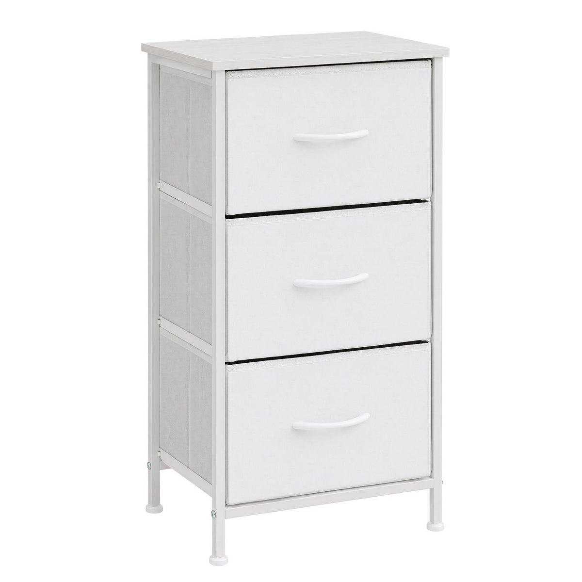Three-drawer fabric storage dresser in white