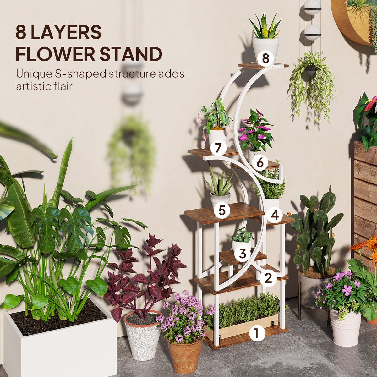Eight-tier S-shaped plant stand diagram numbering all eight staggered shelf levels