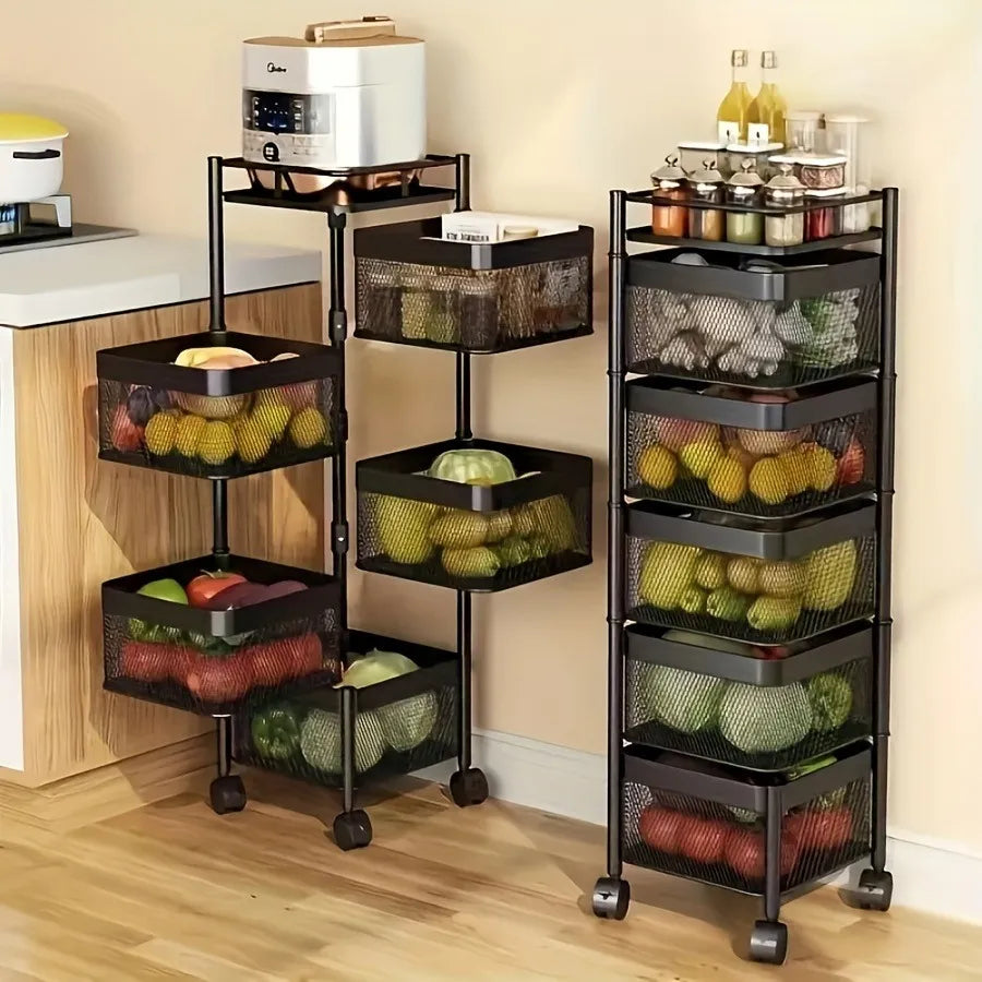 Rotating Kitchen Storage Shelf 5 Tier, Metal Fruit Vegetable Storage Basket Multi-Layer Vegetable Rack Storage Trolley On Wheels, Floor-Standing Basket For Kitchen Bathroom, Square — product image 1