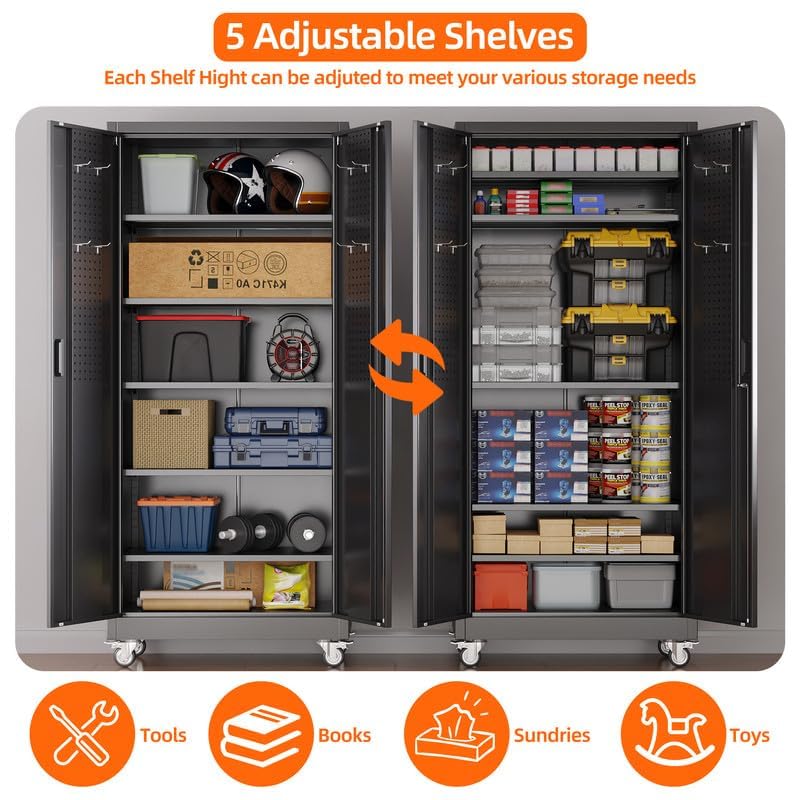 Aobabo Metal Storage Cabinet With Wheels And Door Pegboard Garage And Business Storage For Tools And Office Supplies 5 Adjustable Shelves, Lockable Black Cabinet — product image 2