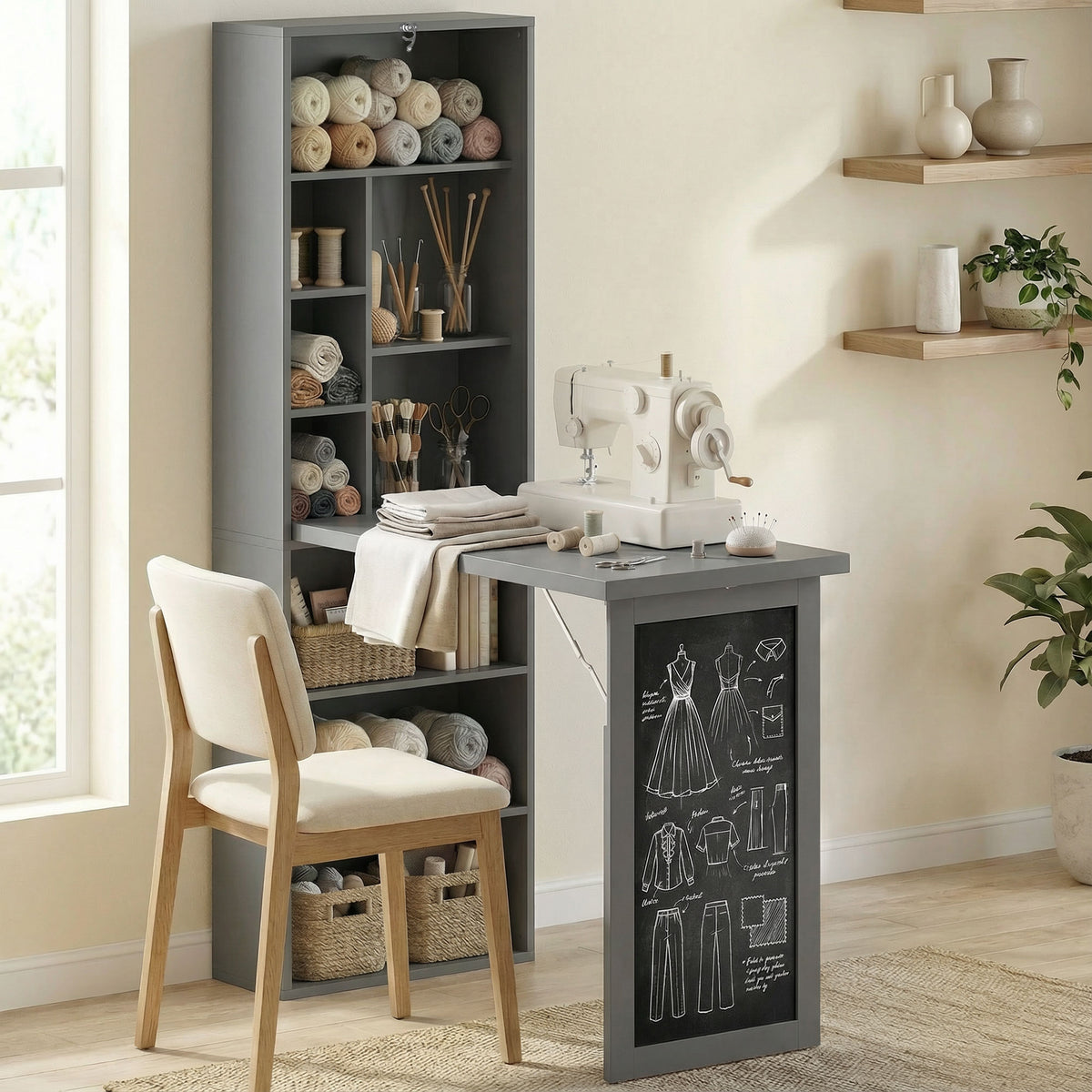 Fold-out Convertible Office Desk, Wall Mount Computer Desk with Blackboard and Side Shelf, Charcoal Gray — product image 3
