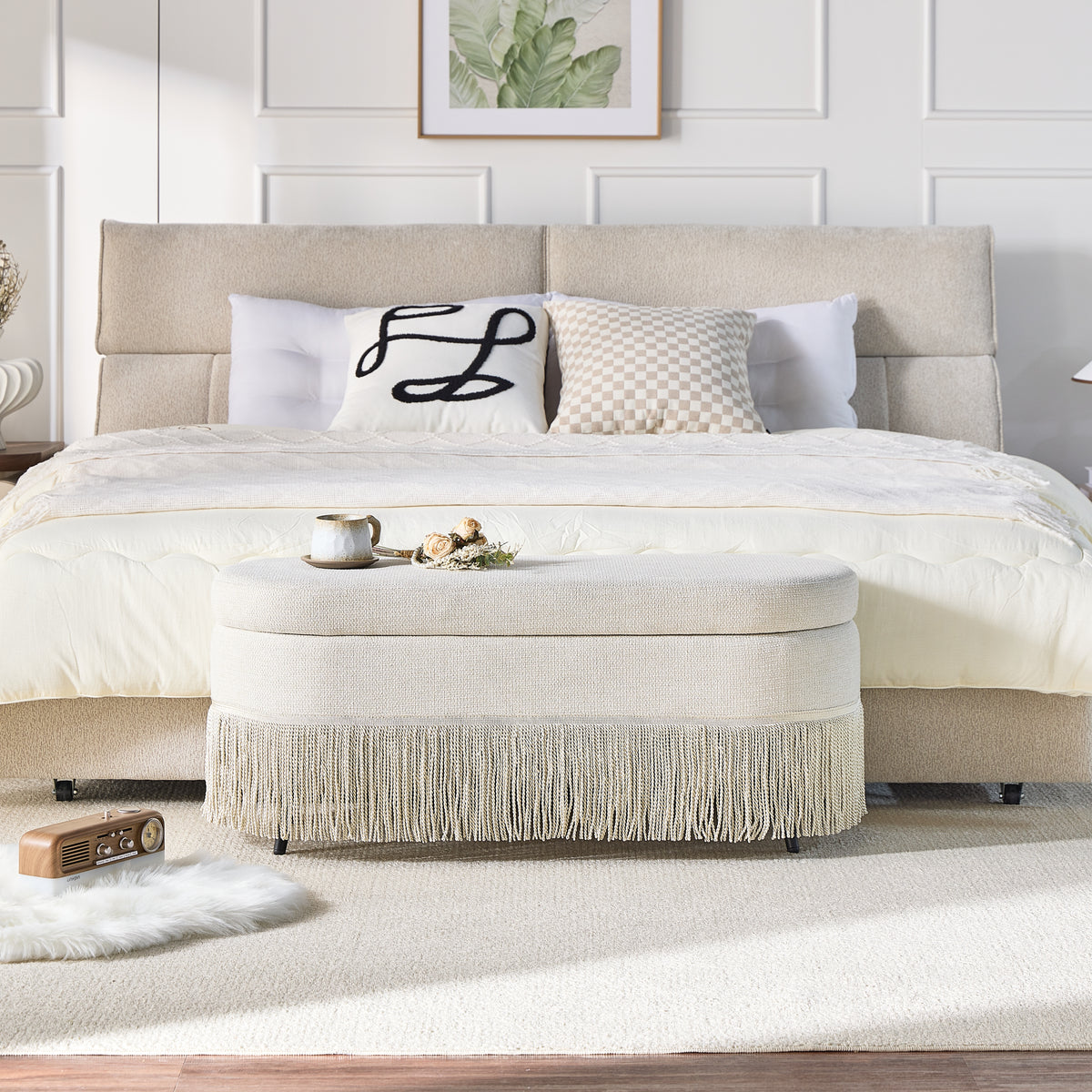 Oval Upholstered Storage Ottoman with Fringe Trim & Lift-Top Lid - 39l X 16w X 17h — product image 3