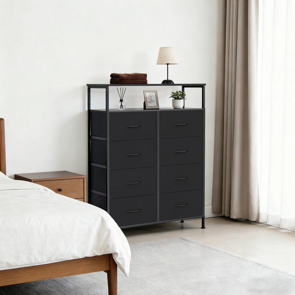 Black eight-drawer fabric dresser