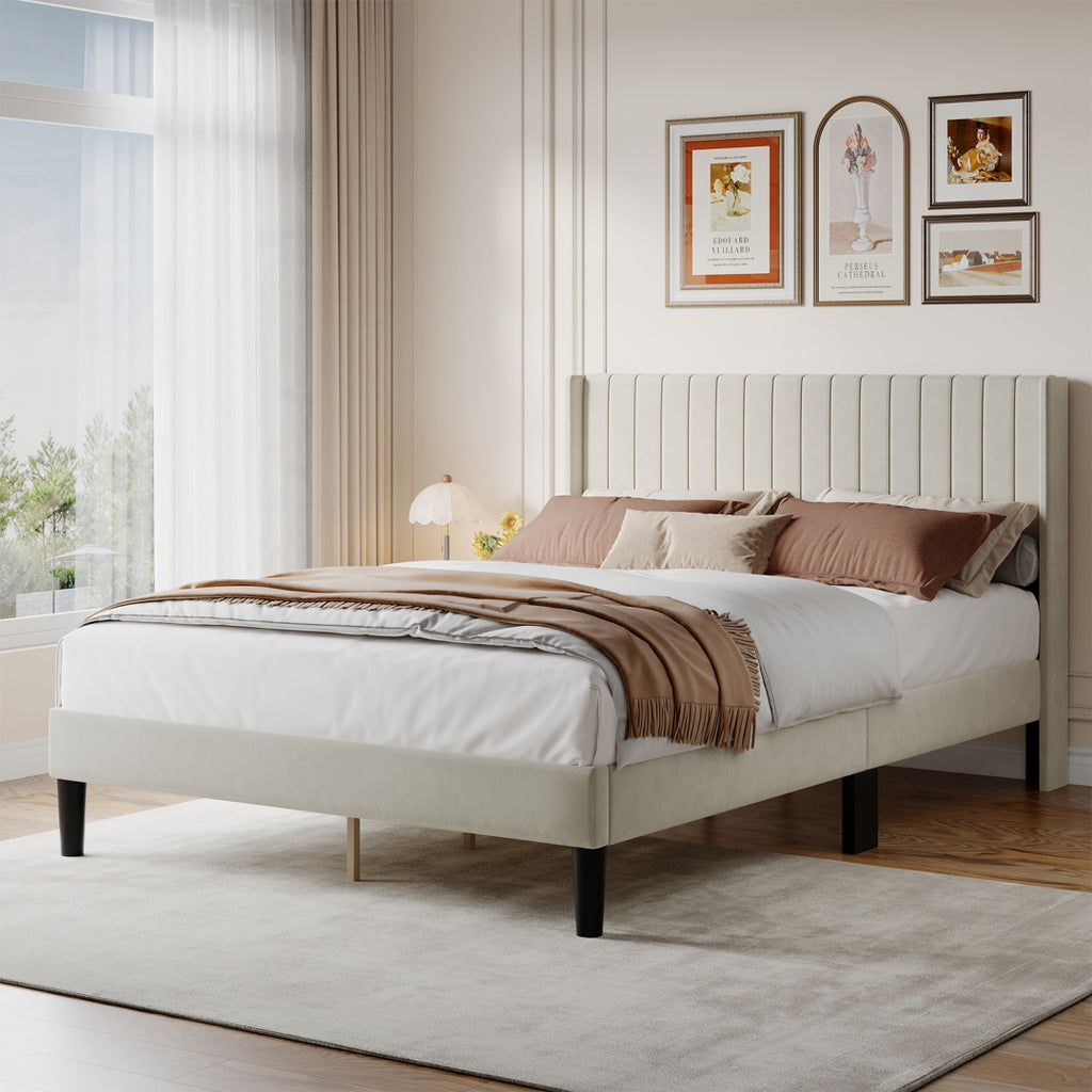 Double Bed Frame, Fabric-covered Wing-shaped Headboard And Wooden Crossbars, With A Load Capacity Of 500 Pounds, Without Box Springs — product image 2