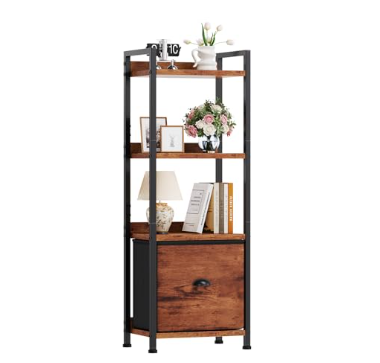 Brown five-tier bookcase with fabric drawer — view 3