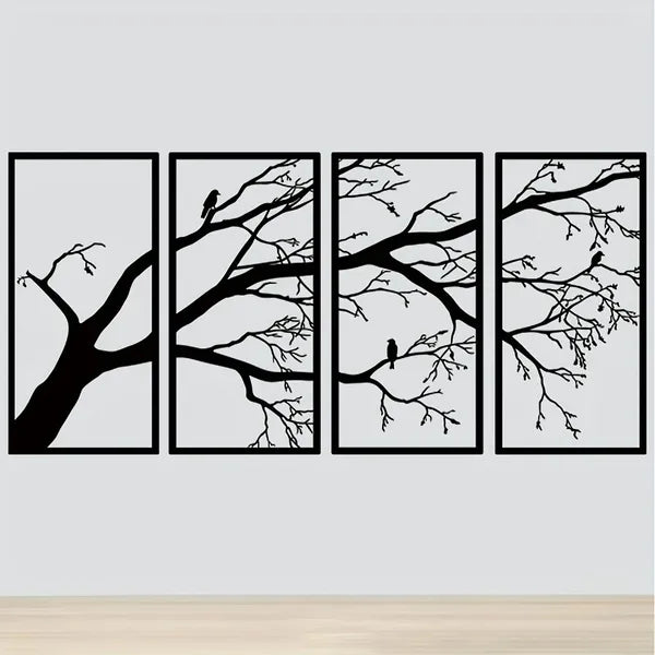 Iron Bare Branch & Bird 4-Panel Wall Art — Minimalist Style Wall Hanging — product image 3