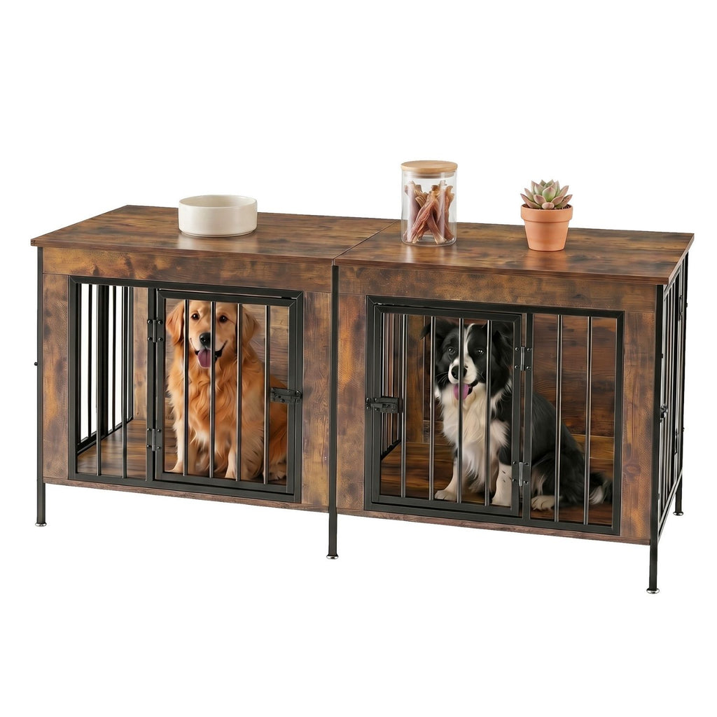 Double Dog Crate Furniture With Divider, Heavy Duty Pet Kennel End Table TV Stand, Extra Large Double Door — product image 1