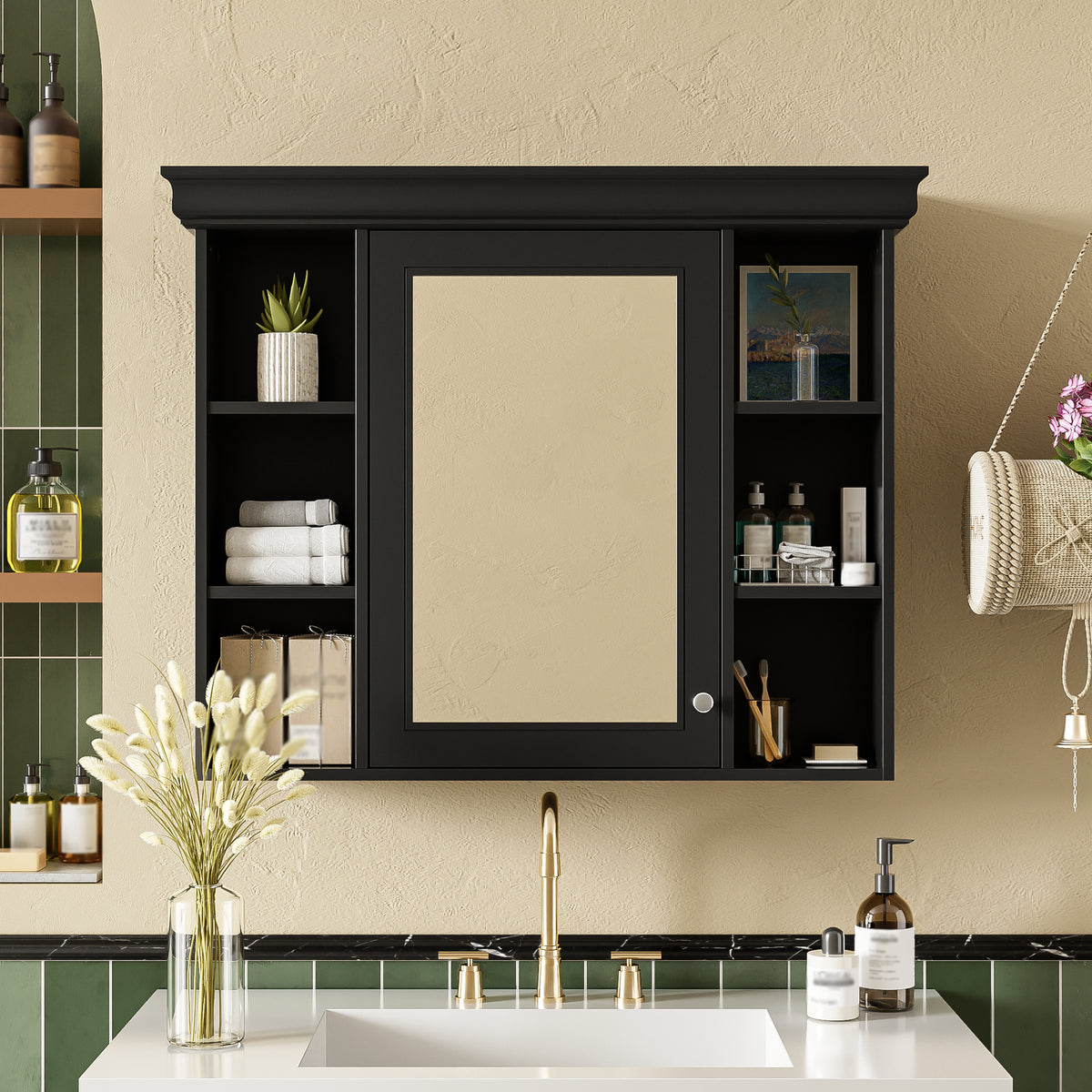 35'' X 28'' Black Wall Mounted Bathroom Storage Cabinet with Mirror Door — product image 1