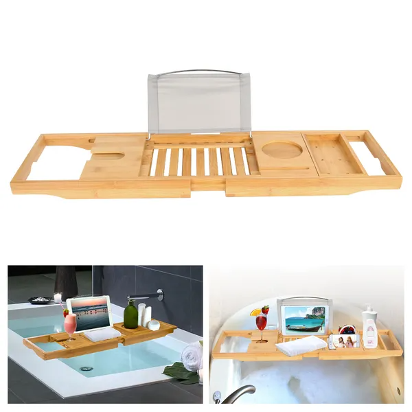 Bathtub Caddy Tray Crafted Bamboo Bath Tray Table Extendable Reading Rack Tablet — product image 2