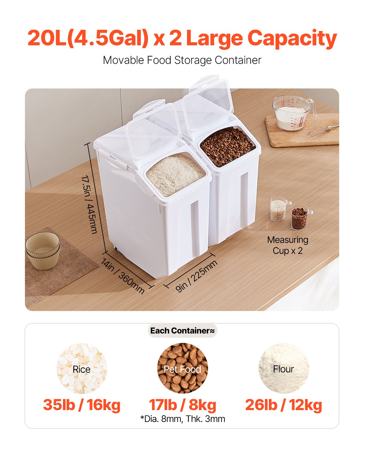 4.5Gal/20Lx2 Large Ingredient Storage Container Airtight Kitchen Flour Bin — product image 2