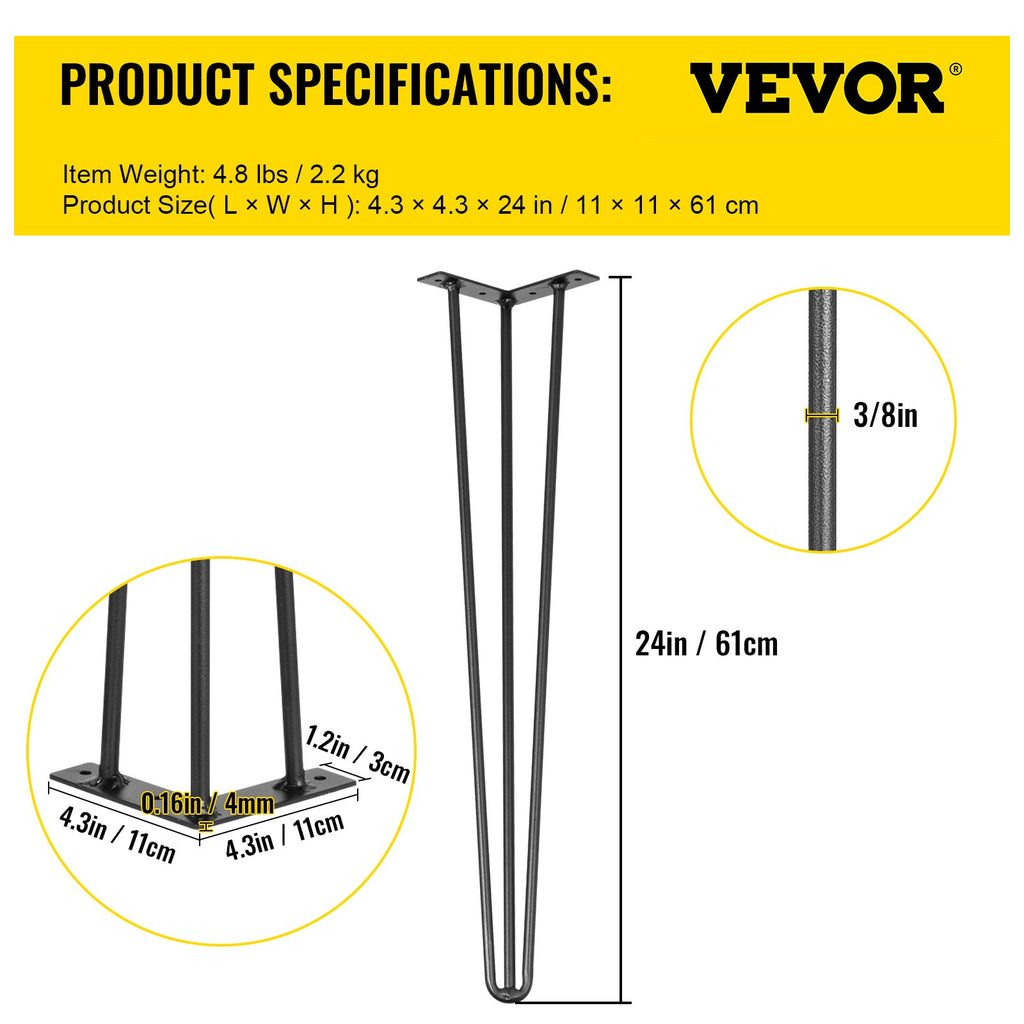 VEVOR Hairpin Table Legs 24Black Set Of 4 Desk Legs 880lbs Load Capacity  Each 220lbs  Hairpin Desk Legs 3 Rods For Bench Desk Dining End Table Chairs Carbon Steel DIY Heavy Duty Furniture Legs — product image 1