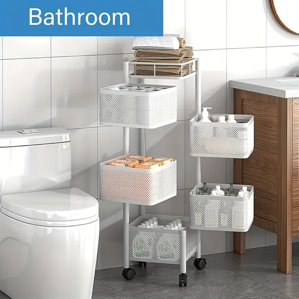 Rotating Kitchen Storage Shelf 5 Tier, Metal Fruit Vegetable Storage Basket Multi-Layer Vegetable Rack Storage Trolley On Wheels, Floor-Standing Basket For Kitchen Bathroom, Square — product image 2