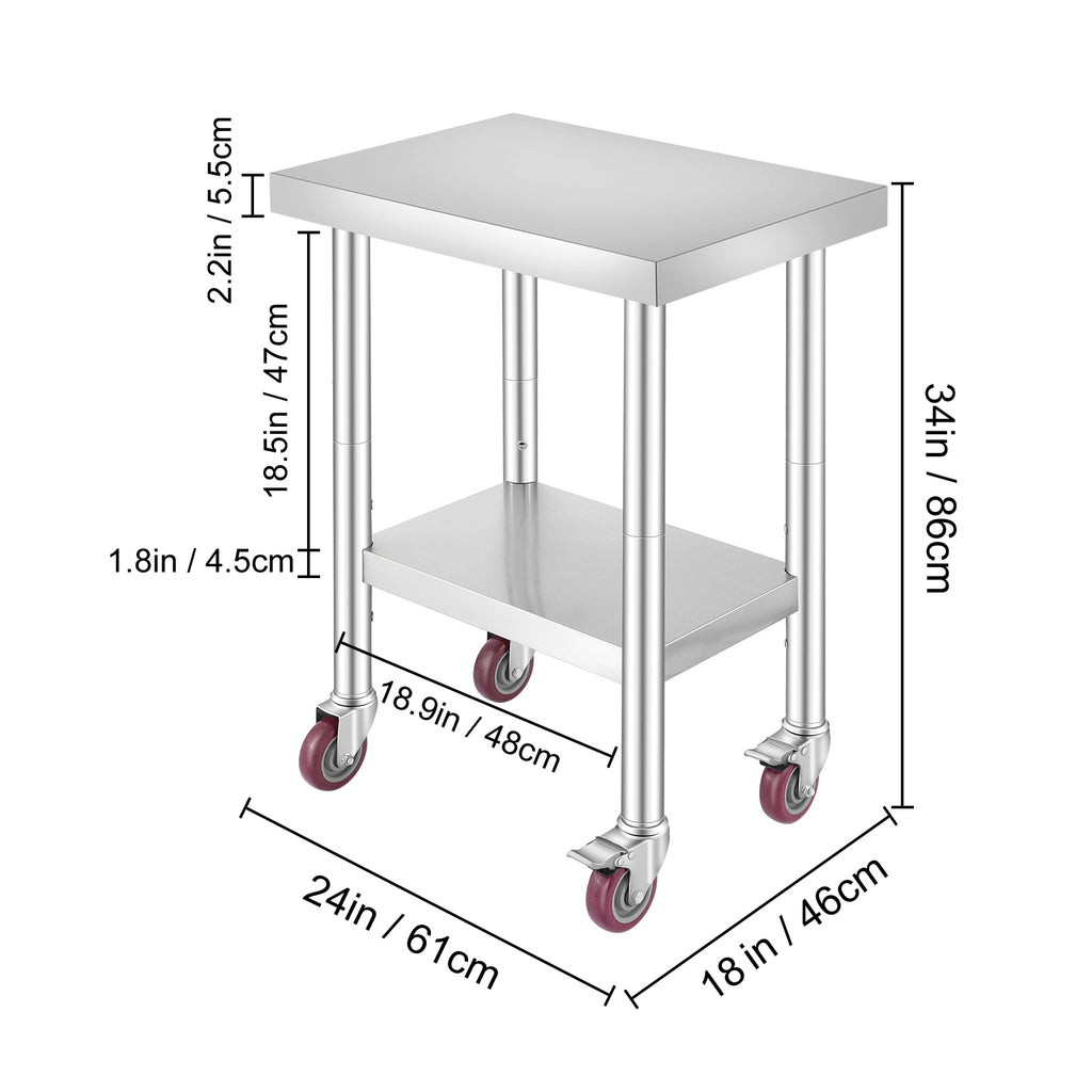 VEVOR 24x18x34 Inch Stainless Steel Work Table 3-Stage Adjustable Shelf With 4 Wheels Heavy Duty Commercial Food Prep Worktable With Brake For Kitchen Prep Work — product image 2