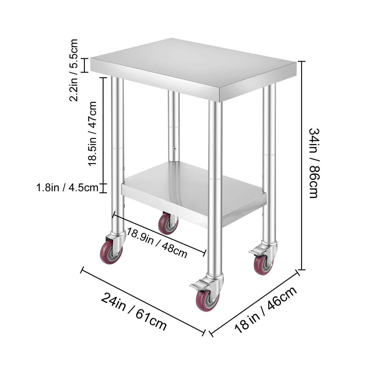 VEVOR 24x18x34 Inch Stainless Steel Work Table 3-Stage Adjustable Shelf With 4 Wheels Heavy Duty Commercial Food Prep Worktable With Brake For Kitchen Prep Work — product image 2
