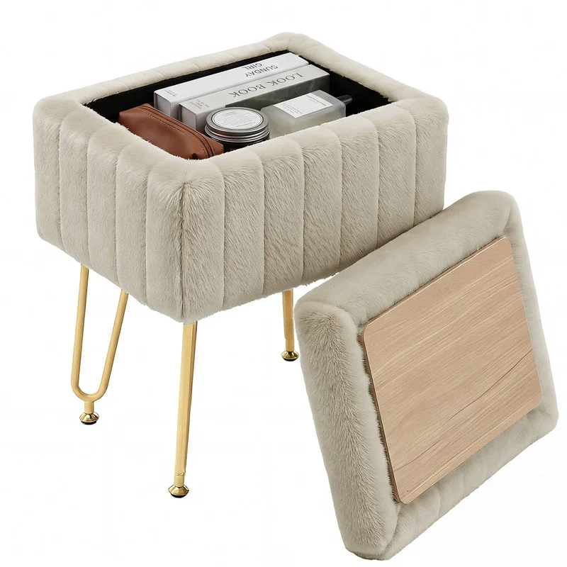 Camel faux-fur storage stool