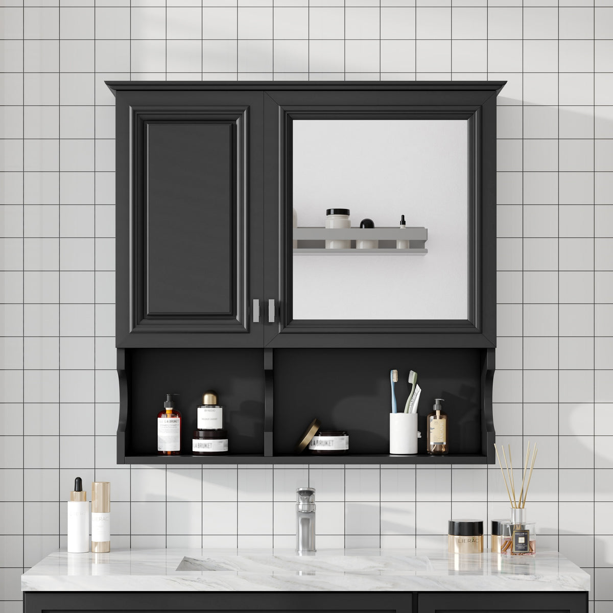30 Inch Mirror Medicine Cabinet with Open Shelves — product image 1