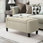 Beige upholstered lift-top storage bench in an entryway
