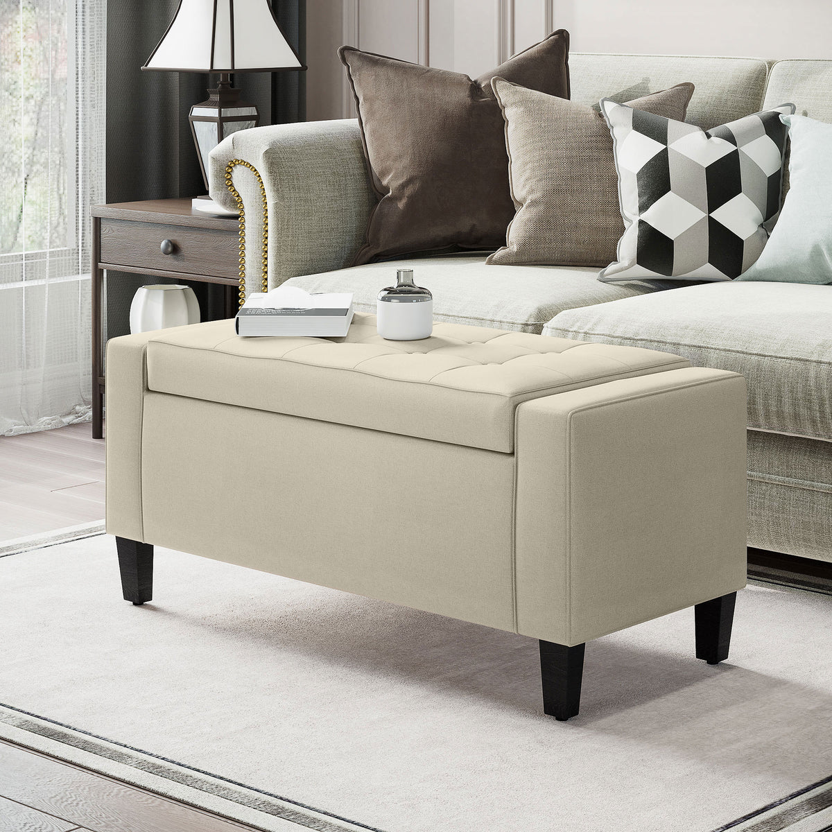 Beige upholstered lift-top storage bench in an entryway