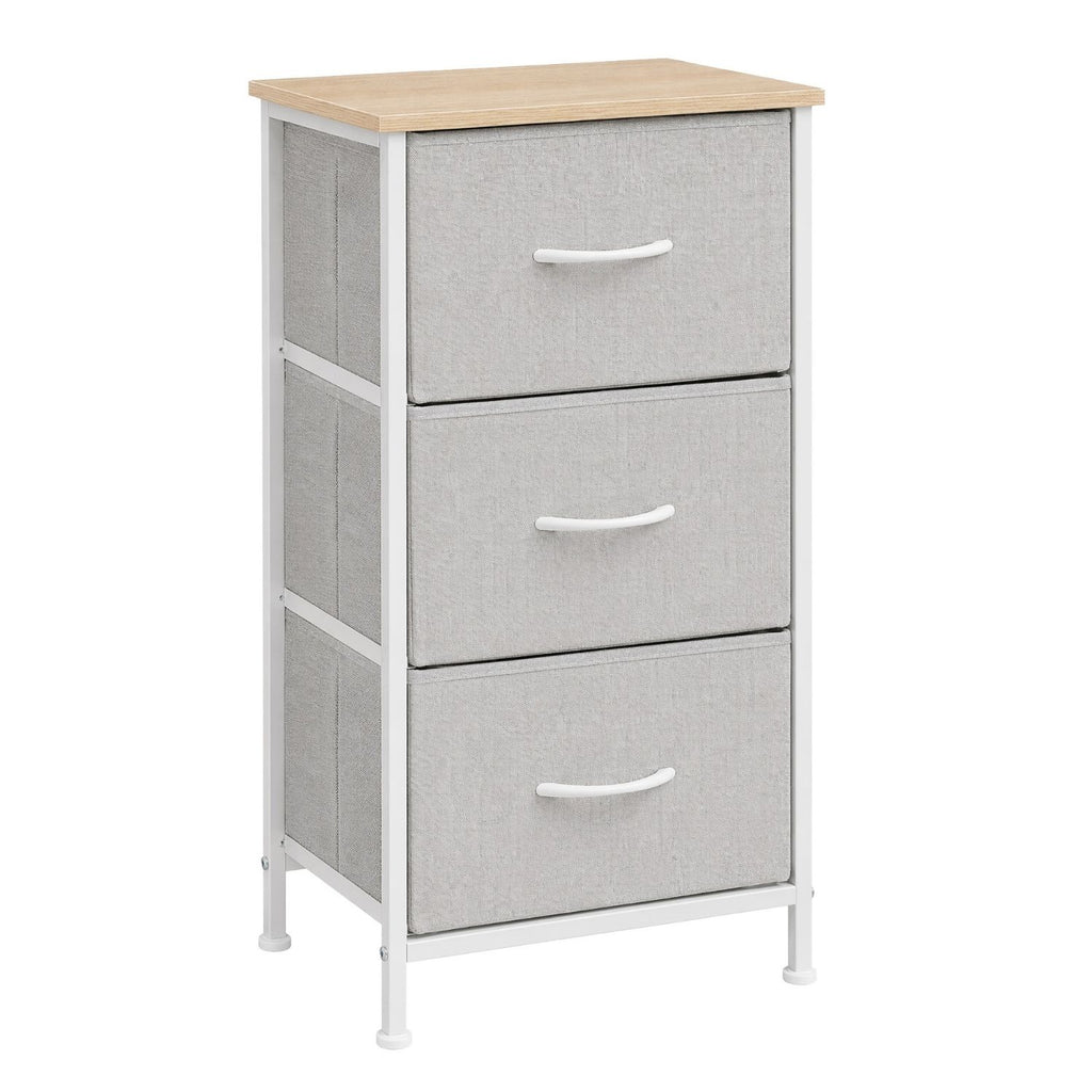 Three-drawer fabric storage dresser in light gray