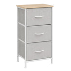 Three-drawer fabric storage dresser in light gray
