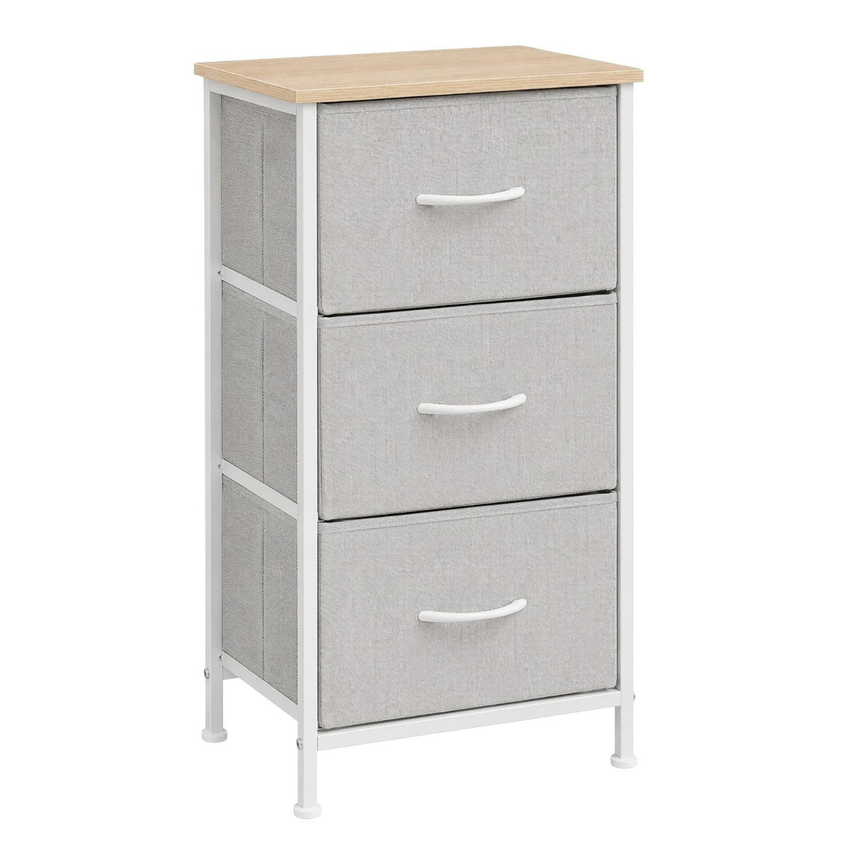 Three-drawer fabric storage dresser in light gray