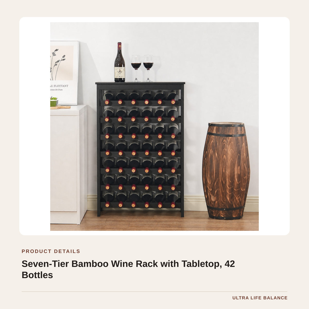 Seven-Tier Bamboo Wine Rack with Tabletop, 42 Bottles product detail