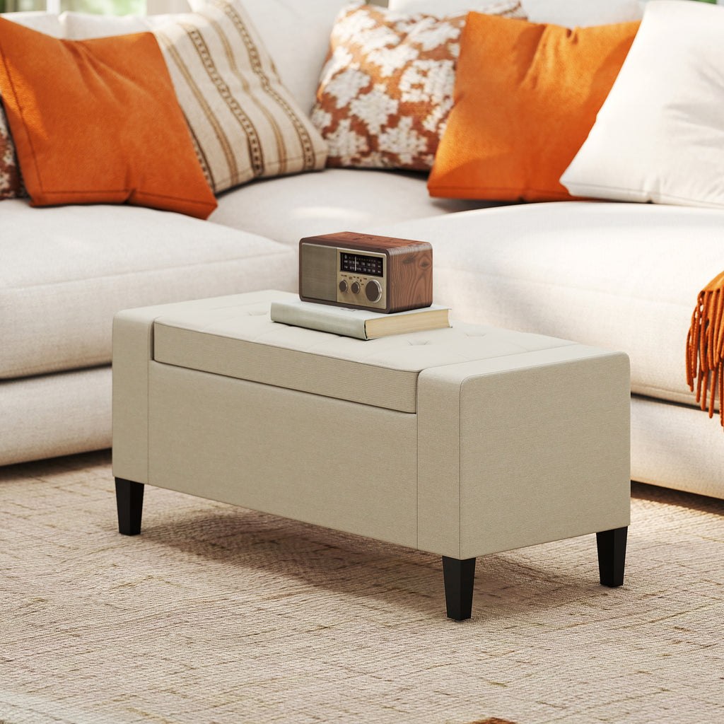 Thirty-six-inch beige storage bench shown in a bedroom