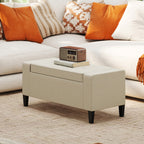 Thirty-six-inch beige storage bench shown in a bedroom