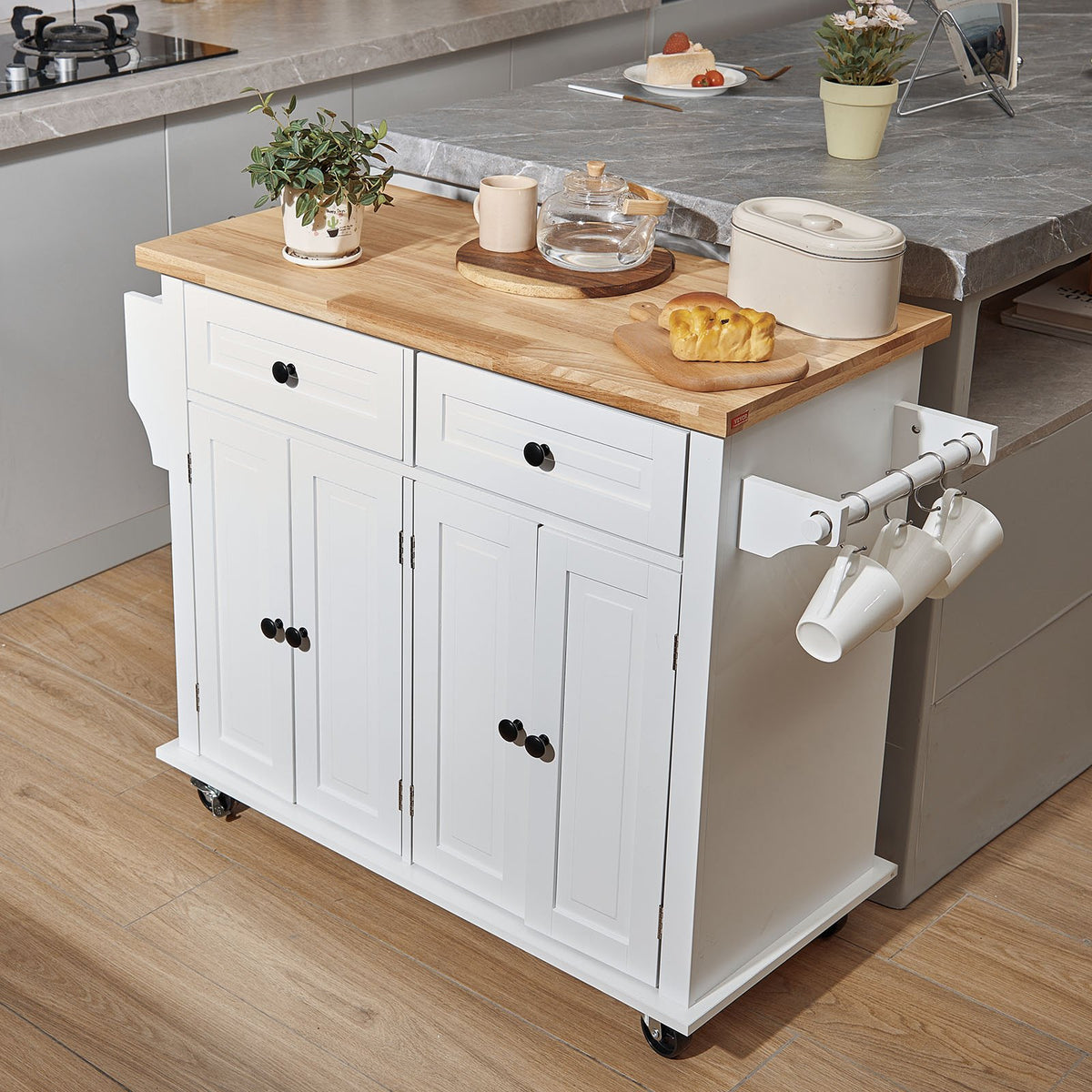 VEVOR Kitchen Island Cart With Solid Wood Top, 35.4 Width Mobile Carts With Storage Cabinet, Rolling Kitchen Table With Spice Rack, Towel Rack, And Drawer, Portable Islands On Wheels, White — product image 2