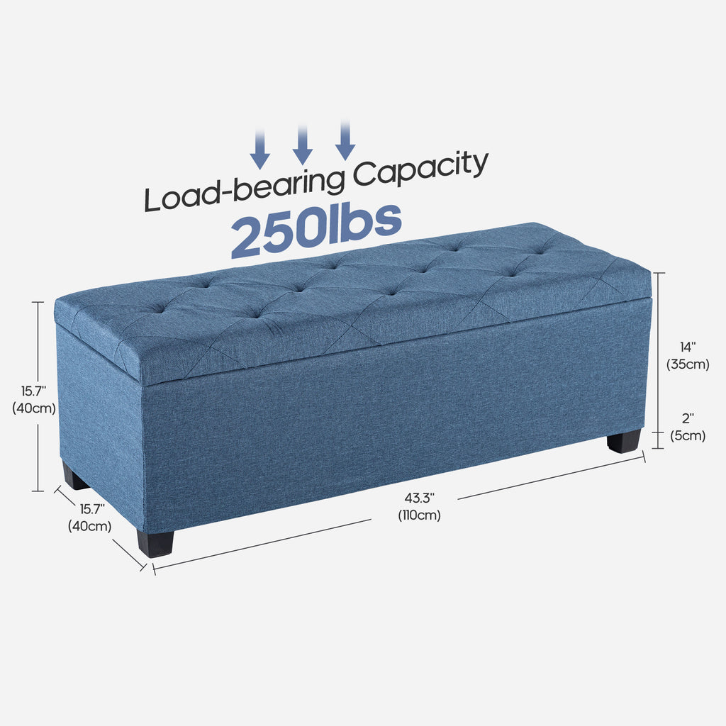 Blue storage ottoman dimensions and 250-pound load capacity graphic