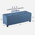Blue storage ottoman dimensions and 250-pound load capacity graphic