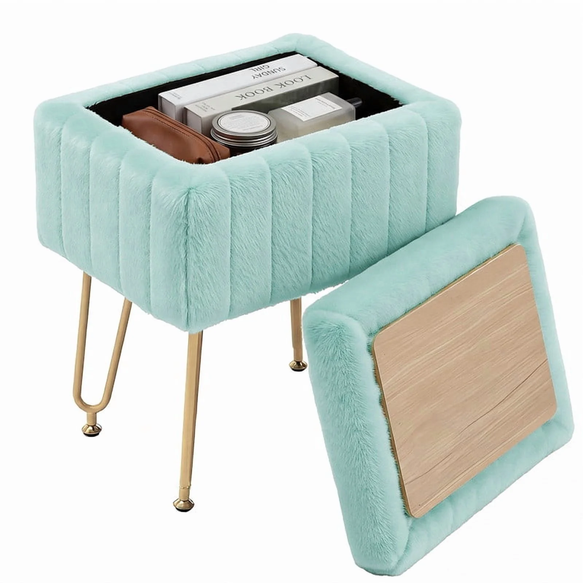 Camel faux-fur storage stool — view 2