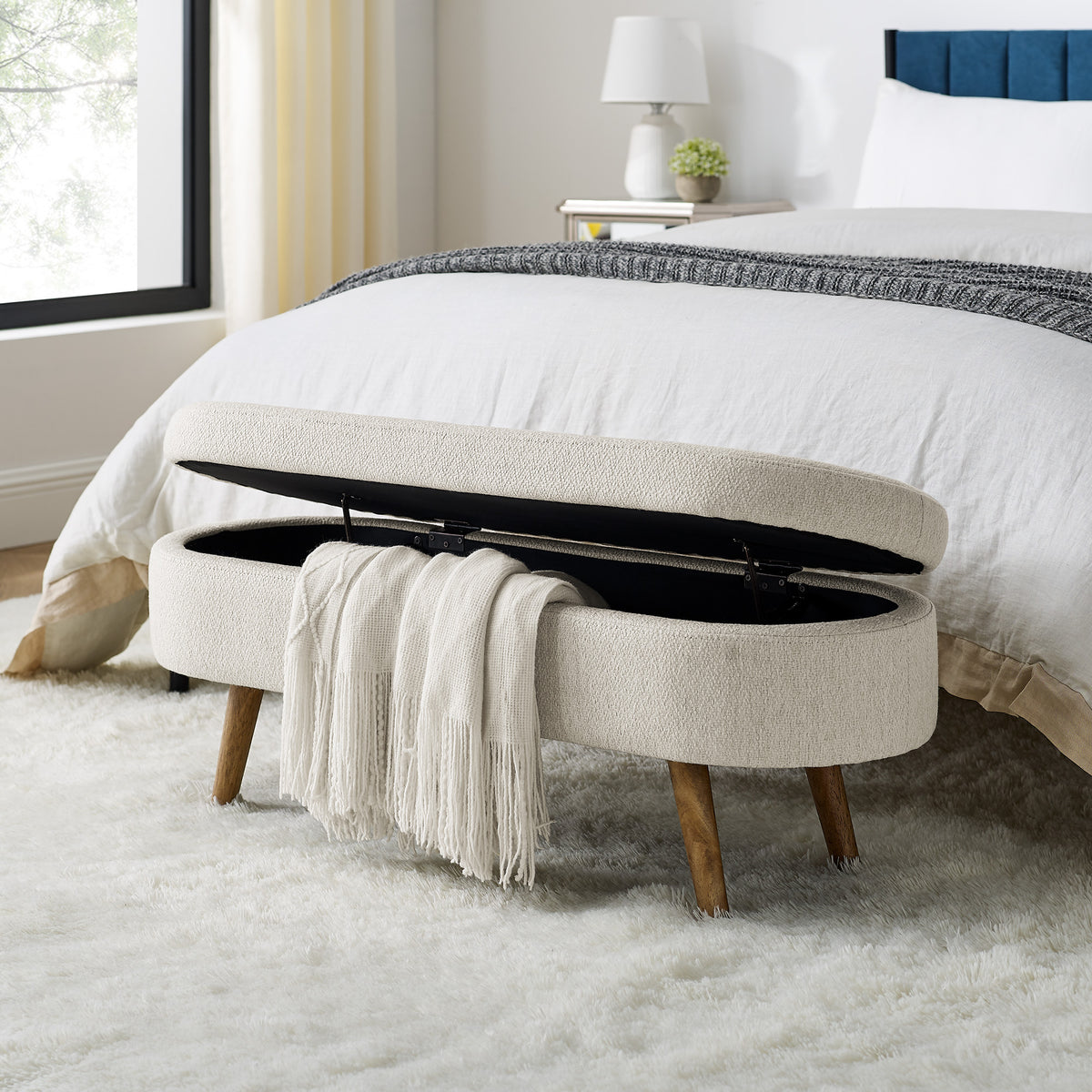 Ottoman Oval Storage Bench,Rubber Wood Legs, Beige 43.5x16x16 — product image 3