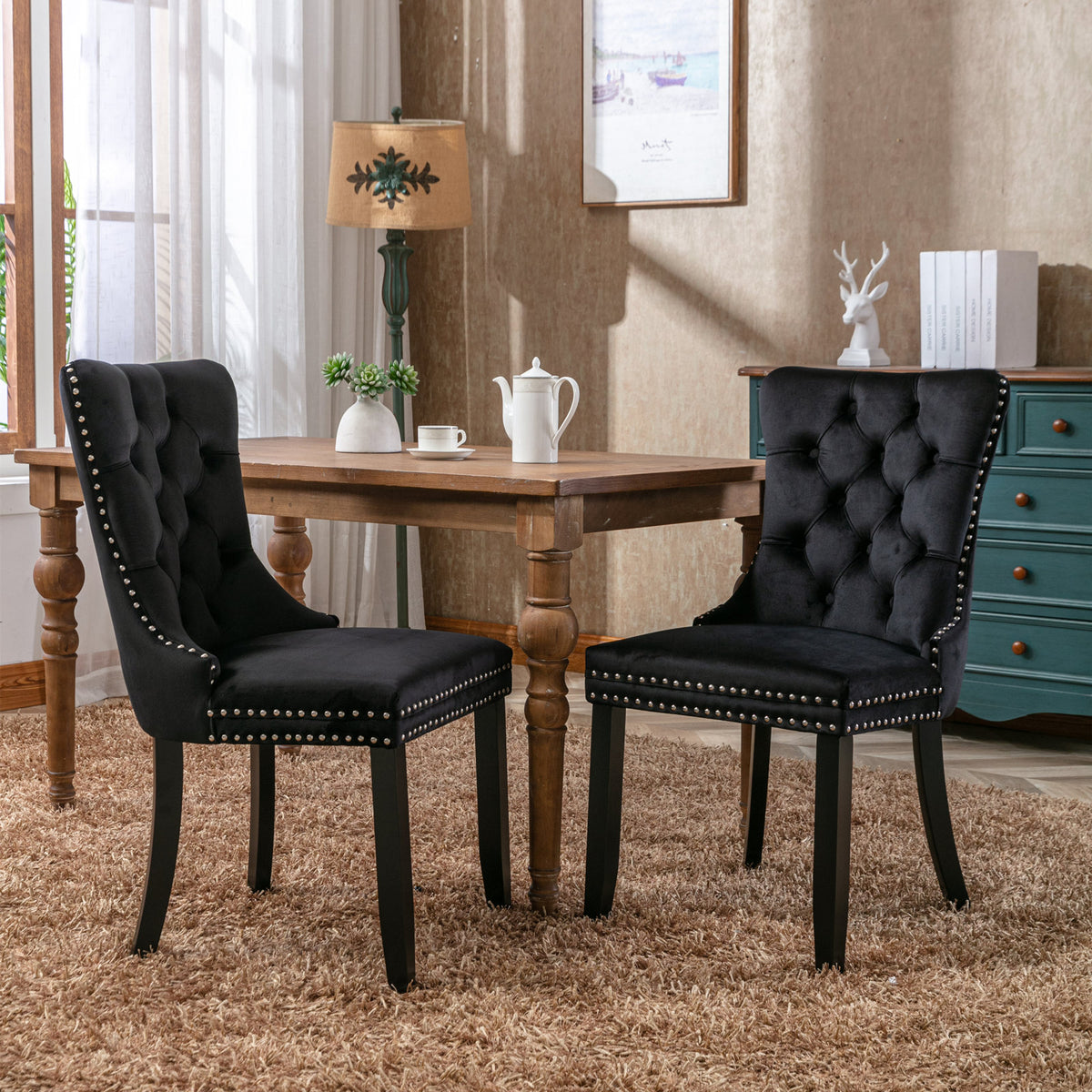 Nikki Modern, High-end Tufted Solid Wood Contemporary Velvet Upholstered Dining Chair With Wood Legs Nailhead Trim 2-Pcs Set, Black, SW2001BK — product image 1