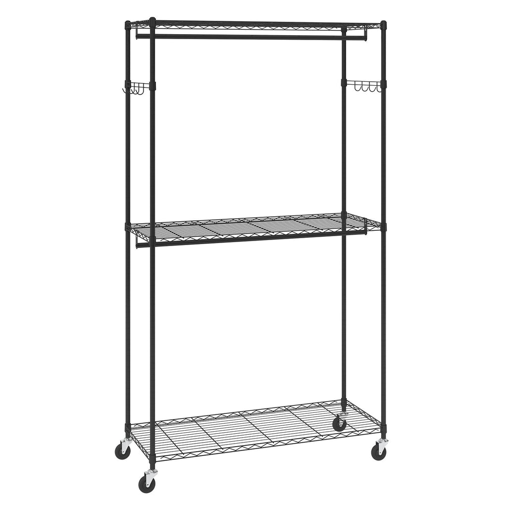 Heavy Duty Clothes Rack, Rolling Clothing Garment Rack With 3 Storage Tiers, 2 Rods And 2 Pairs Side Hooks, Adjustable Height Clothing Rack Closet For Hanging Clothes, 400 Lbs Load Capacity — product image 1