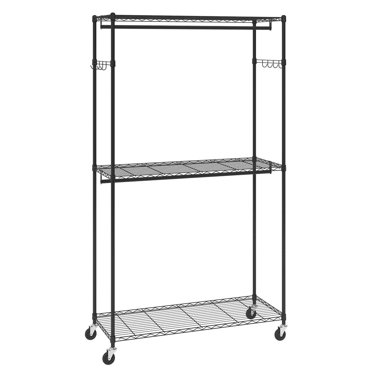 Heavy Duty Clothes Rack, Rolling Clothing Garment Rack With 3 Storage Tiers, 2 Rods And 2 Pairs Side Hooks, Adjustable Height Clothing Rack Closet For Hanging Clothes, 400 Lbs Load Capacity — product image 1