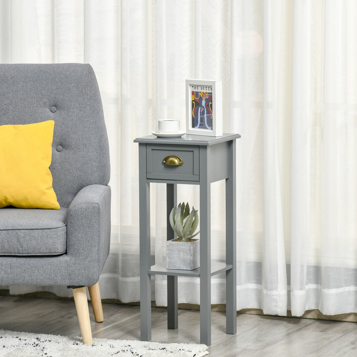 2-Tier Tall Side Table — Nightstand End Table with Drawer & Bottom Shelf for Living — product image 3