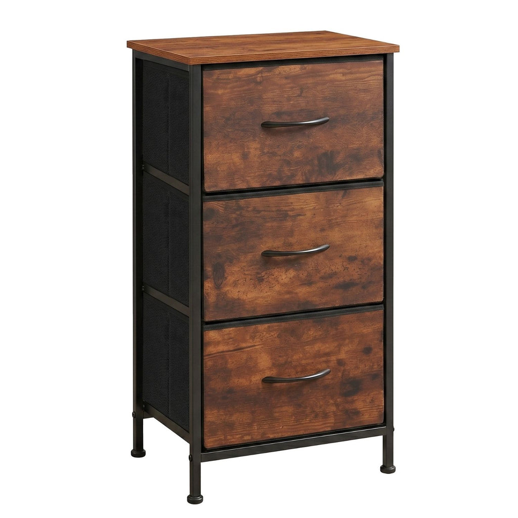 Three-drawer fabric storage dresser in rustic brown