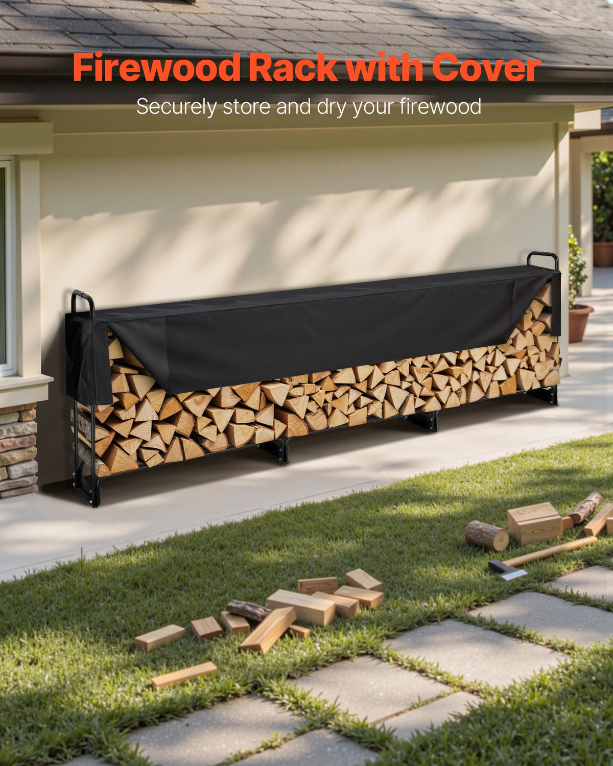 12.7FT Outdoor Firewood Rack With Cover, 152x14.2x46.1in,Heavy Duty Firewood Holder & 600D Oxford Waterproof Cover For Fireplace, Patio, Indoor/Outdoor Log Storage Rack For 3/4 Cord Of Firewood — product image 2