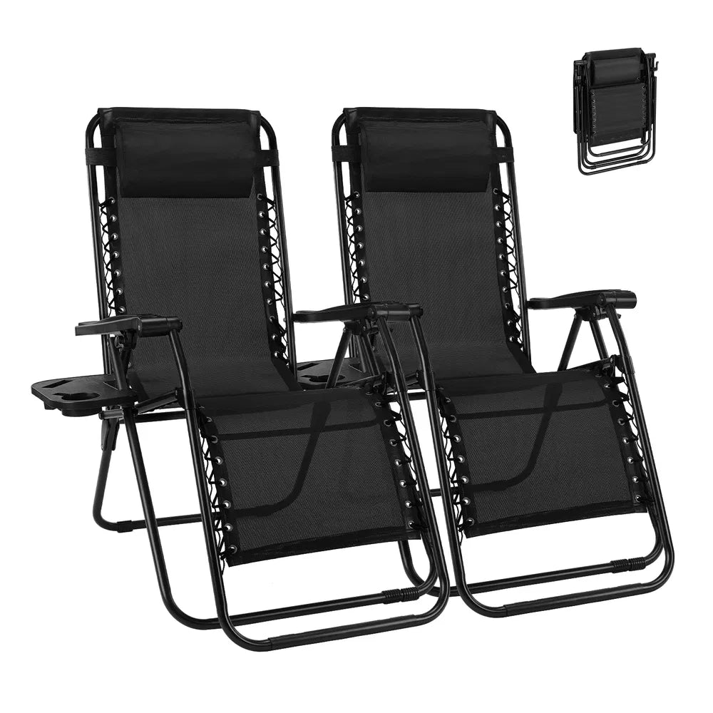 Set Of 2 Zero Cravity Lounge Chairs,Outdoor Patio Folding Recliners For Pool Beach With Pillow And Cup Holder — product image 1