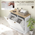 Two removable baskets inside the white hamper cabinet